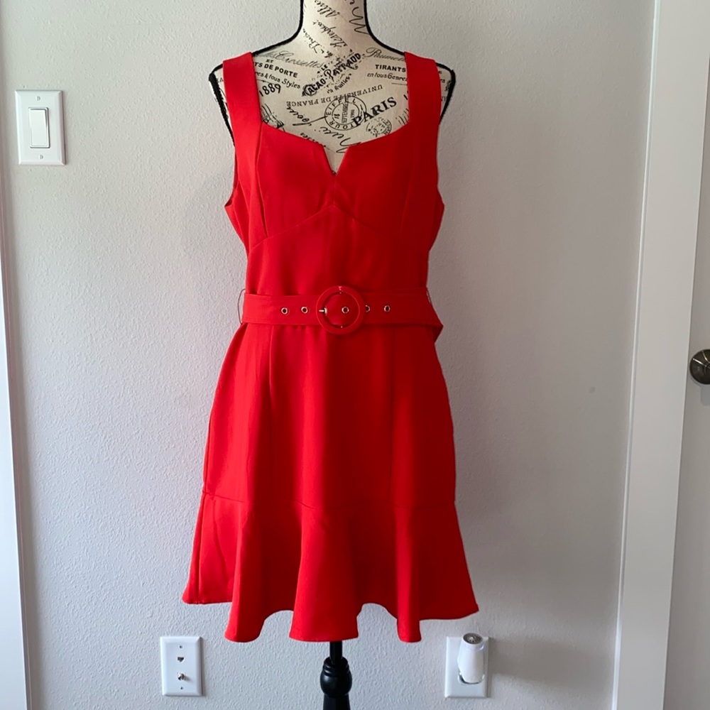 Red orange belted mini dress